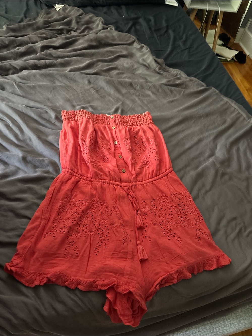 American Eagle Outfitters Coral Smocked Strapless Romper
